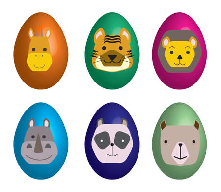 Set of multi-colored Easter eggs with images of wild animals. Vector illustrationのイラスト素材