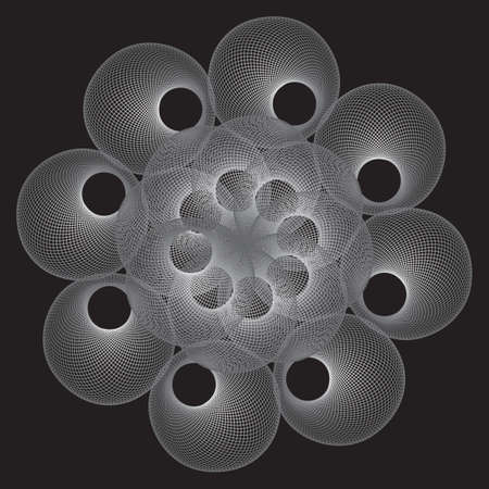 Mesh spheres ornament. Abstract linear black and white Spiral design element. Openwork ornamentのイラスト素材
