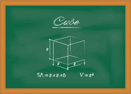 Cube. Sketch of a geometric figure and formulas for calculating its surface area and volume drawn in chalk on chalkboardのイラスト素材