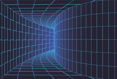 Tunnel or wormhole. Checkered wireframe tunnel. 3D grid. Background abstract vector imageのイラスト素材