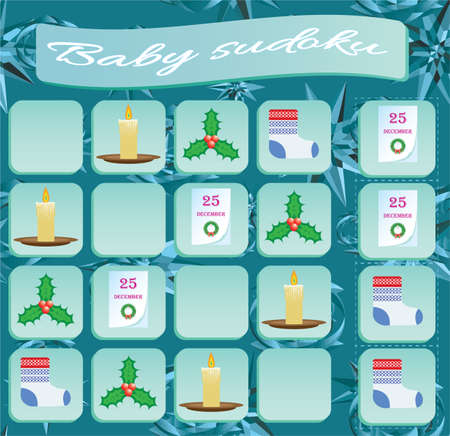 Baby Sudoku with colorful Christmas symbols. Game for preschool kids, training logicのイラスト素材