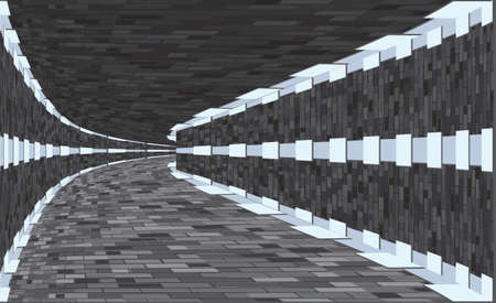 Tunnel lined with gray tiles. Digital wireframe tunnel. 3D corridor. Background abstract vector imageのイラスト素材