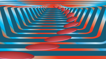 Tunnel with stepped floor and walls and with red disks. Vector illustration