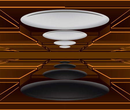 Tunnel with stepped floor and ceiling and with orange neon lighting. Vector illustrationのイラスト素材