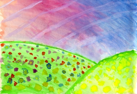Hand painted bright landscape on watercolour paperの写真素材