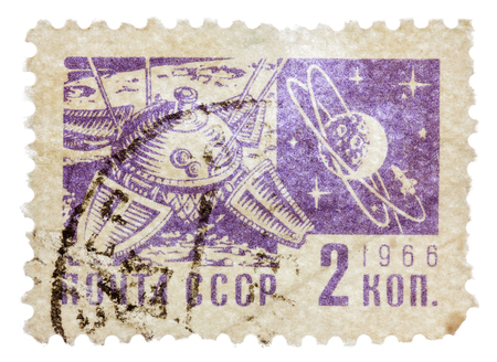 USSR - CIRCA 1966: Postcard printed in the USSR shows The space exploration, circa 1966のeditorial素材