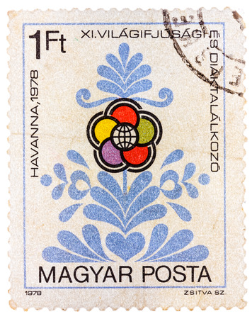 HUNGARY - CIRCA 1978: Stamp printed in Hungary shows Congress emblem as flower, circa 1978のeditorial素材