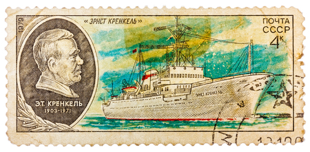 USSR - CIRCA 1979: A stamp printed in USSR shows the ship Ernst Krenkel, circa 1979のeditorial素材