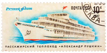 USSR - CIRCA 1987: A stamp printed in USSR shows the Passenger ship "Alexander Pushkin", circa 1987のeditorial素材