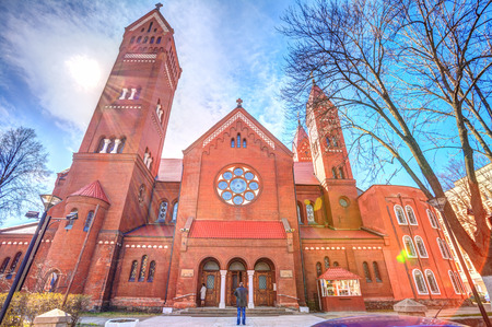 Church of Saints Simon and Helen (Red Church) is a Roman Catholic church on Independence Square in Minsk, Belarusのeditorial素材