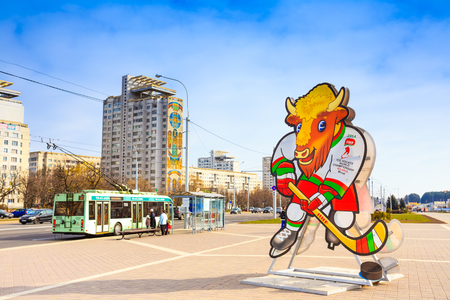 MINSK - APR 6: Volat, the official mascot of the 2014 IIHF World Championship. Capital prepares for ice hockey tournament which will be held on May 9-25, 2014, on April 6, 2014 in Minsk, Belarus.のeditorial素材