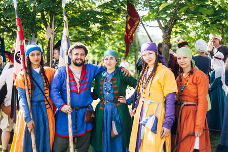 MINSK - JUL 19: Warriors participants of VI festival of medieval culture "Our Grunwald", dedicated to 604 anniversary of Battle of Grunwald on July 19, 2014 in Dudutki, Minsk region, Belarusのeditorial素材
