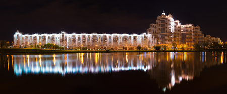 Night Scene Building In Minsk, Downtown (Nemiga) View With Svisloch River, Belarusの写真素材