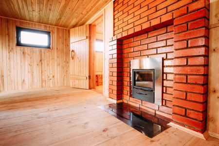 Interior Of The Sauna - Window, Fireplace, Nobodyのeditorial素材