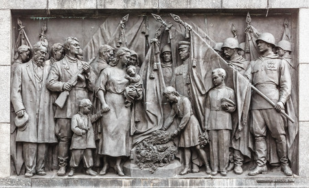 Bas-relief Scenes On The Wall Of The Stele Dedicated To The Memory Of The Great Patriotic War. Victory Square - Symbol Belarusian Capital, Minsk, Belarusのeditorial素材
