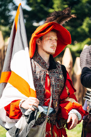 MINSK - JUL 19: Warrior participant of VI festival of medieval culture "Our Grunwald", dedicated to 604 anniversary of Battle of Grunwald on July 19, 2014 in Dudutki, Minsk region, Belarusのeditorial素材