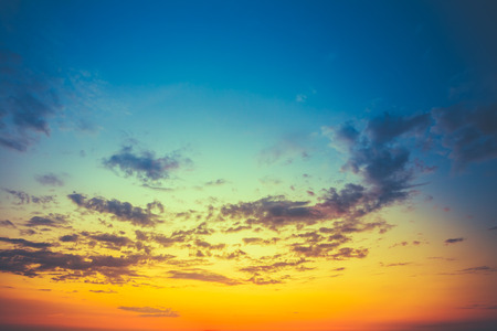 Sky, Bright Blue, Orange And Yellow Colors Sunset. Instant Photo, Toned Imageの写真素材