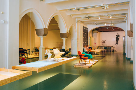 HELSINKI, FINLAND - JULY 27, 2014: Exhibition at the Finnish Design Museum (Designmuseo). Designmuseum researches, collects, stores and documents design, and displays it both in Finland and in touring exhibitions abroad.のeditorial素材