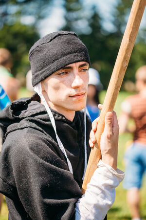 MINSK, BELARUS - July 19, 2014 Warrior participant of VI festival of medieval culture Our Grunwald, dedicated to 604 anniversary of Battle of Grunwaldのeditorial素材