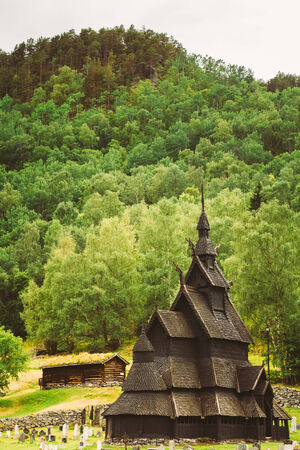 Stavkirke An Old Wooden Triple Nave Stave Church, Norwegian Heritage In Borgund, Norwayの写真素材
