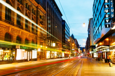 HELSINKI, FINLAND - JULY 27, 2014: Night view of Aleksanterinkatu street in Helsinkiのeditorial素材