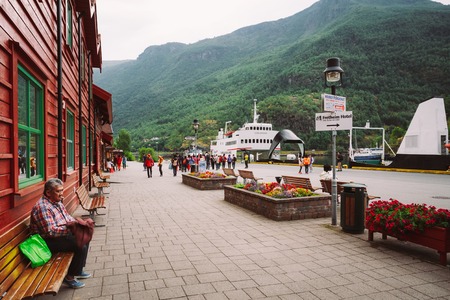 FLAM, NORWAY - August 2, 2014: Railway staion and port in small tourist town of Flam on western side of Norway deep in fjords.のeditorial素材