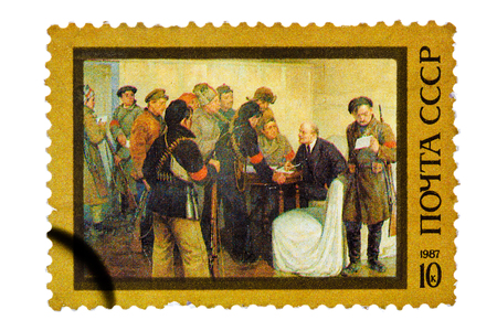 RUSSIA - CIRCA 1987: Stamp printed by Russia, shows Lenin in Smolny Palace in October 1917 by Mikhail Sokolov, circa 1987のeditorial素材