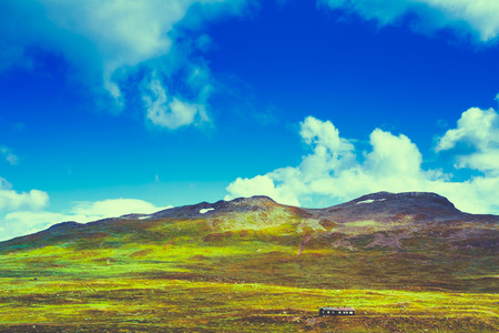 Norway Nature Landscapes, Mountain Under Sunny Blue Sky. Toned Instant Filtered Image Photoの写真素材