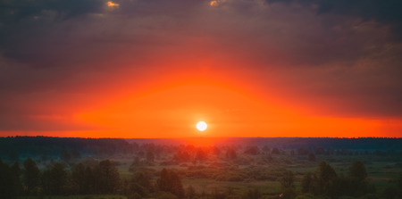 Beautiful Forest On Sunrise. Dramatic Sky With Sunset Sun Over Morning Meadowの写真素材