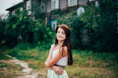Close Up Portrait Of Young Happy Beauty Red Hair Girl In Nature In Summer Parkの写真素材