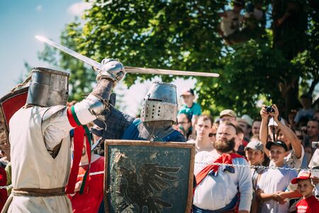 MINSK, BELARUS - JULY 19, 2014: Historical restoration of knightly fights on festival of medieval cultureのeditorial素材