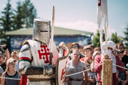 MINSK, BELARUS - JULY 19, 2014: Historical restoration of knightly fights on festival of medieval cultureのeditorial素材