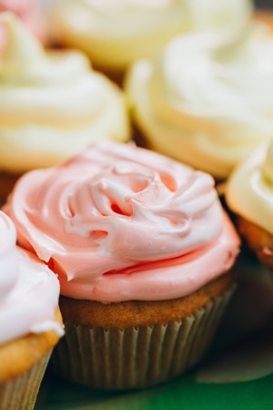 Dessert Sweet Gourmet Cupcakes With Multi-colored Frosting On Wooden Backgroundの写真素材