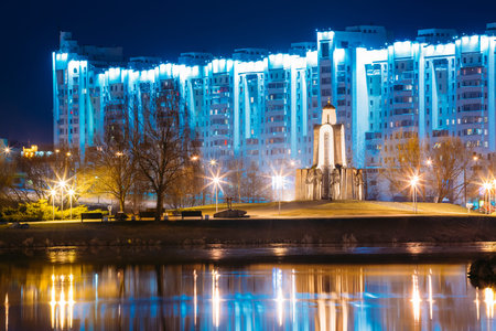 Night scene of Island of Tears Island of Courage and Sorrow, Ostrov Slyoz in Minsk, Belarus. This memorial dedicated to Belorussian soldiers-internationalists who died in Afghanistan in 1979-1989.のeditorial素材