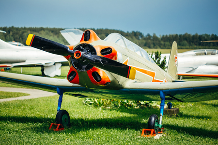 BOROVAYA, BELARUS - June 04, 2014: The Yakovlev Yak-18 - Jak-18, NATO reporting name Max - was a Soviet tandem two-seat military primary trainer aircraft.のeditorial素材
