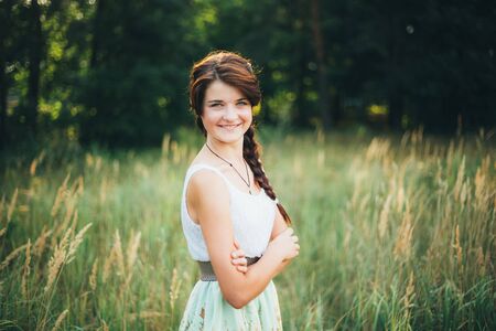 Close Up Portrait Of Young Happy Beauty Red Hair Girl In Nature In Summer Parkの写真素材