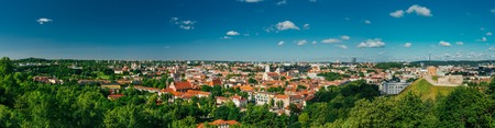 Sunset Sunrise Cityscape Of Vilnius, Lithuania In Summer. Beautiful Panoramic View Of Old Town In Evening. View From The Hill Of Upper Castleの写真素材
