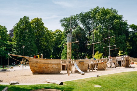 LUXEMBOURG, LUXEMBOURG - JUNE 17, 2015: Wooden pirate boat shaped child playground in parkのeditorial素材