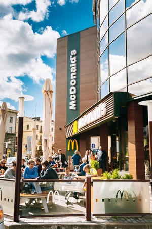 MINSK, BELARUS - AUGUST 27, 2014: McDonalds restaurant In Minsk. McDonald's Corporation is the world's largest chain of hamburger fast food restaurantsのeditorial素材