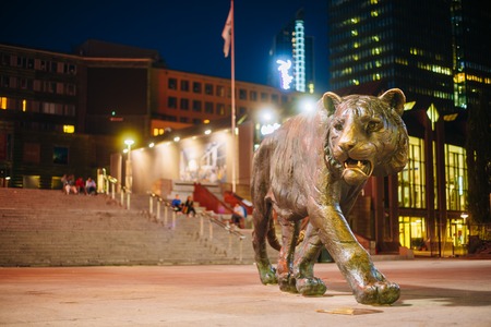 OSLO, NORWAY - JULY 31, 2014: Bronze Tiger statue in the city center in Oslo, Norway. Oslo has a nickname among Norwegians Tiger City.のeditorial素材