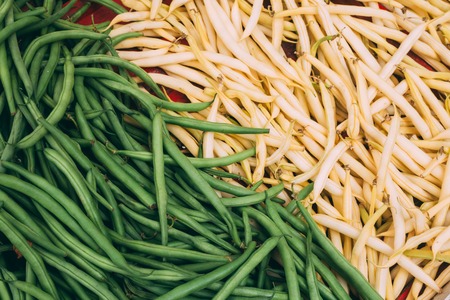 Assortment Of Fresh Organic Green And Yellow Beans At Produce Local Marketの写真素材