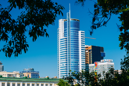 MINSK, BELARUS - May 19, 2015: Business Center Royal Plaza -Skyscraper on Pobediteley Avenue in district Nemiga Nyamiha in Minsk, Belarusのeditorial素材