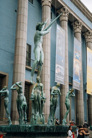 STOCKHOLM, SWEDEN - JULY 30, 2014: Orpheus fountain is located in front of Concert Hall. It was created in 1936 by Carl Emil Milles. In center of fountain is bronze figure of Orpheus, demigod of Musicのeditorial素材