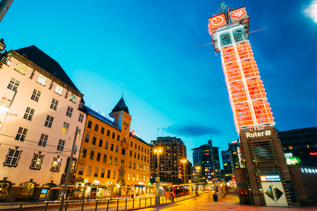 OSLO, NORWAY - JULY 31, 2014: Night View of Jernbanetorget street in Oslo, Norway. Summer eveningのeditorial素材
