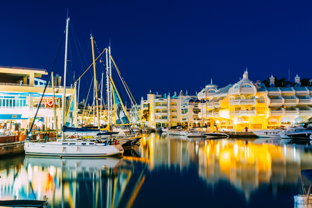 Benalmadena, Spain - June 19, 2015: Night Scenery View of floating houses, vessel in Puerto Marina. Malaga region, on the Costa del Sol. It caters for a large number of tourists.のeditorial素材