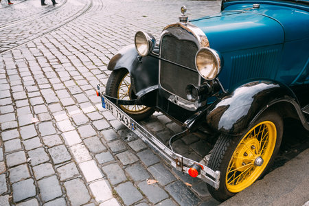 Prague, Czech Republic - October 10, 2014: Close up of old vintage blue car Ford A