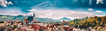 Panoramic cityscape Cesky Krumlov, Czech republic. Sunny autumn dayの写真素材