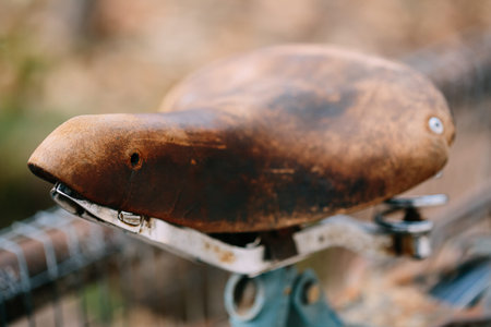 Close up vintage old bicycle seat. Autumn seasonの写真素材