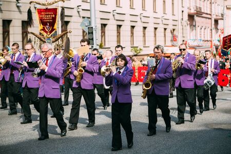 Gomel, Belarus - May 9, 2015: People from city Brass Band Orchestra participating in the parade dedicated to the Victory Day - the 70th anniversary of the Victory in the Great Patriotic Warのeditorial素材