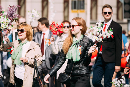 Gomel, Belarus - May 9, 2015: People participating in the parade dedicated to the Victory Day - the...